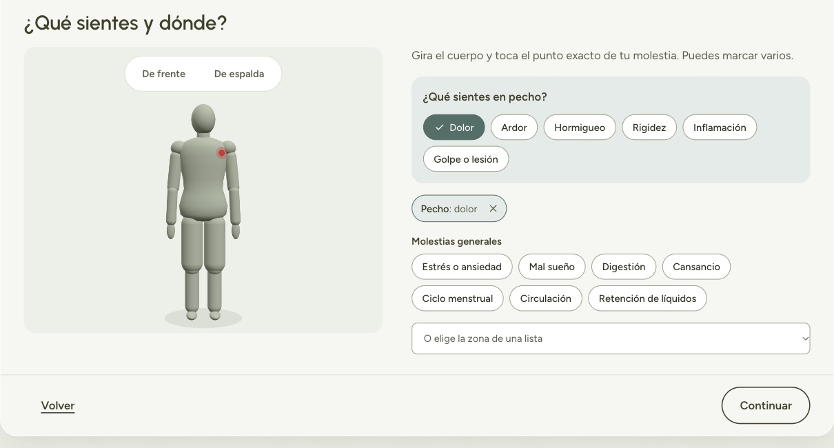 Paso de la consulta previa con un cuerpo en 3D y un punto marcado en el pecho